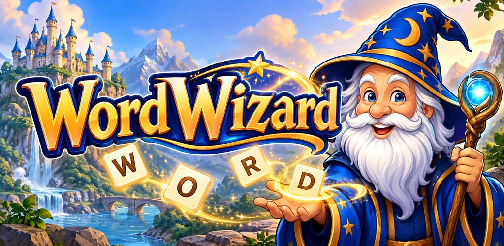WordWizard wizard character with magical word tiles and a fantasy castle