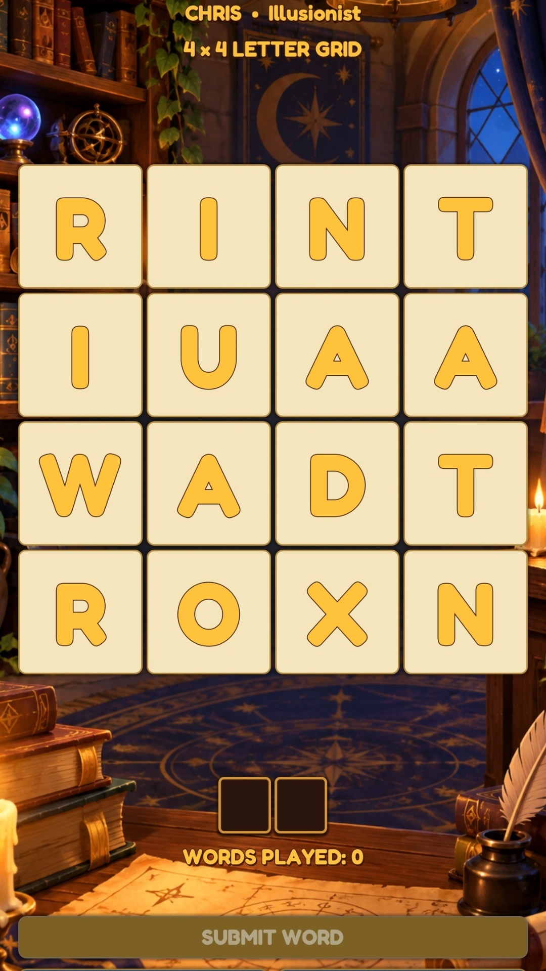 Actual WordWizard Android gameplay showing a four-by-four letter grid in a magical study
